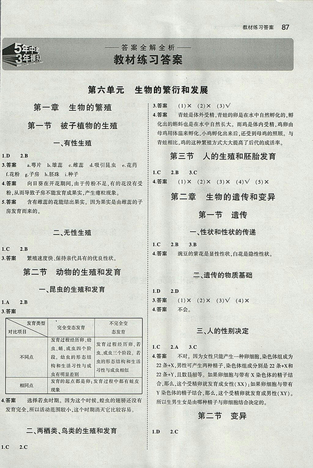 2018義務教育教科書課本冀少版生物學八年級下冊參考答案