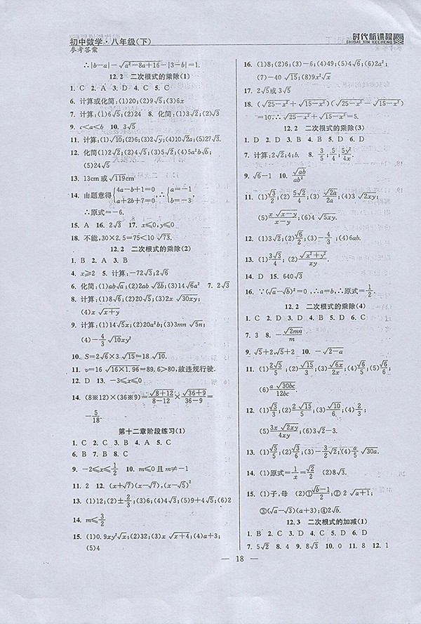2018年時(shí)代新課程初中數(shù)學(xué)八年級(jí)下冊(cè)參考答案