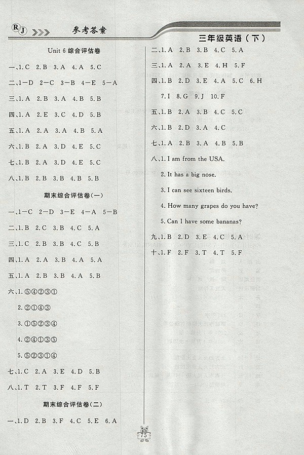 2018人教版狀元陪練課時(shí)優(yōu)化設(shè)計(jì)英語三年級(jí)下冊參考答案