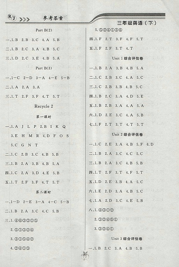 2018人教版狀元陪練課時(shí)優(yōu)化設(shè)計(jì)英語三年級(jí)下冊參考答案