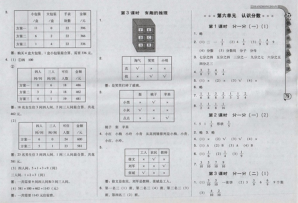 2018北師大版綜合應(yīng)用創(chuàng)新題典中點數(shù)學(xué)三年級下冊參考答案