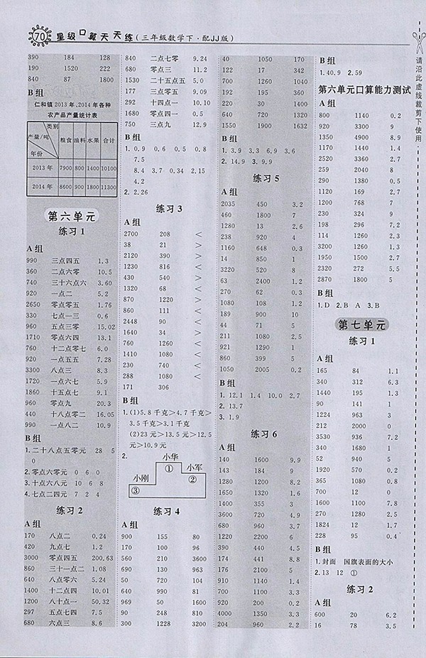 2018冀教版星級口算天天練數(shù)學三年級下冊參考答案