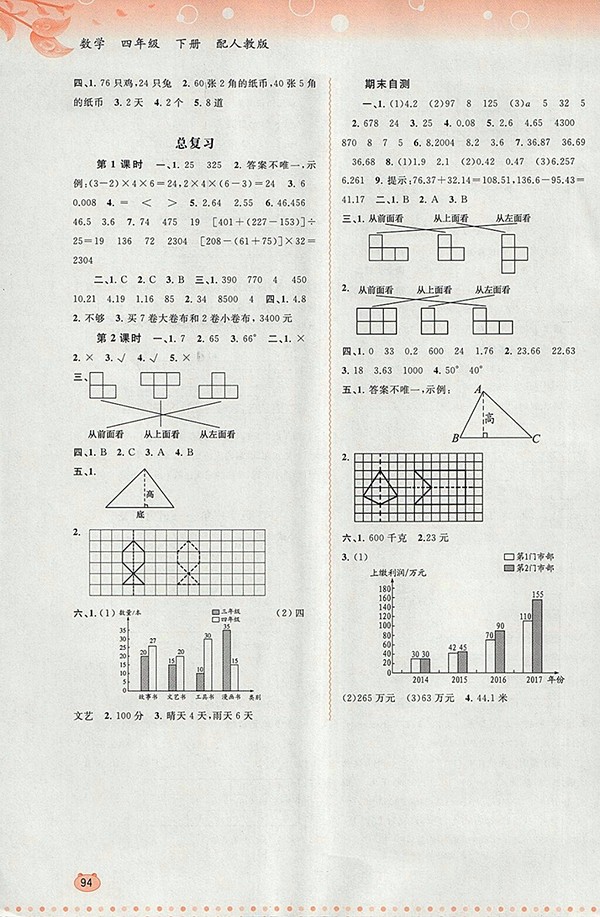 2018人教版新課程學(xué)習(xí)與測(cè)評(píng)同步學(xué)習(xí)四年級(jí)數(shù)學(xué)下冊(cè)參考答案