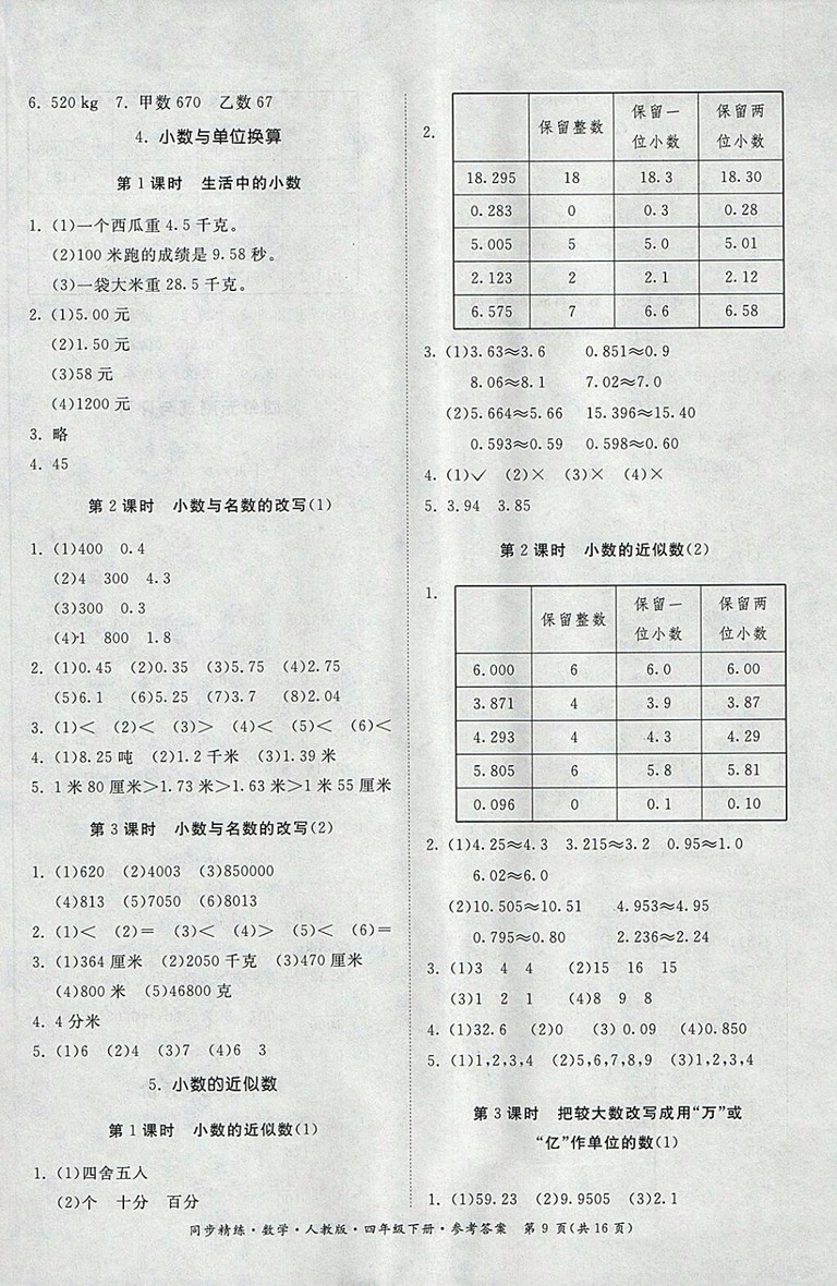 2018人教版同步精練數(shù)學(xué)四年級下冊參考答案