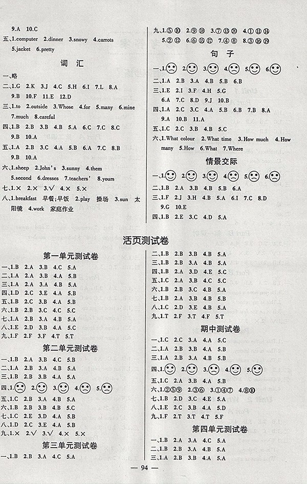 2018人教PEP版創(chuàng)優(yōu)作業(yè)100分導(dǎo)學(xué)案英語四年級下冊參考答案