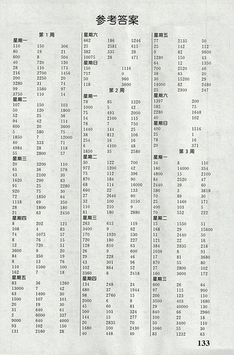 2018人教版聚焦口算數(shù)學(xué)四年級(jí)下冊(cè)參考答案