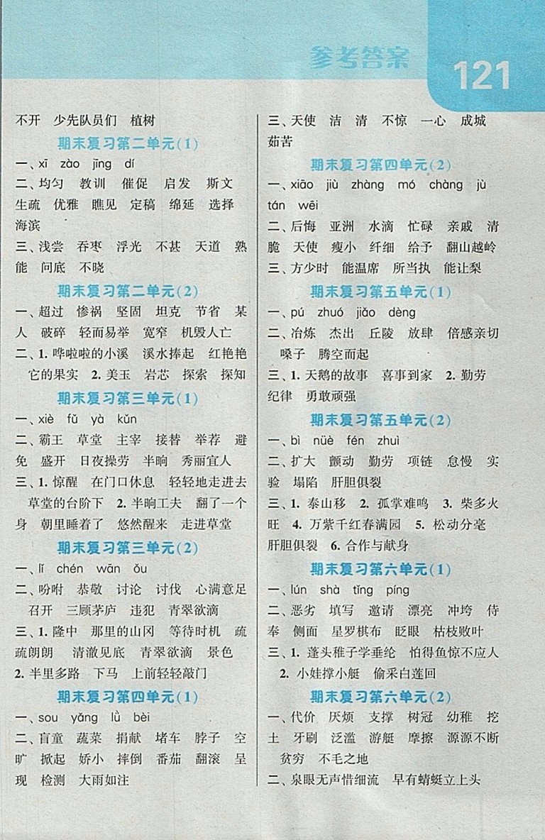 2018江蘇版經(jīng)綸學(xué)典默寫達(dá)人語文四年級下冊參考答案