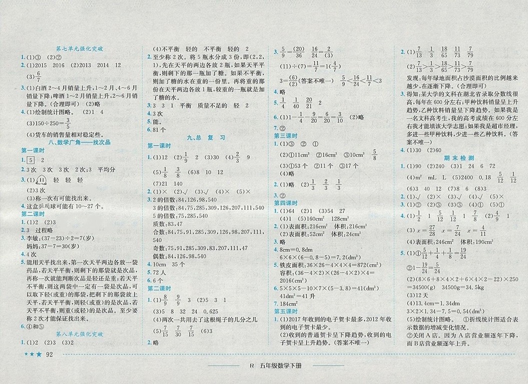 2018年人教版四川專版黃岡小狀元作業(yè)本五年級(jí)數(shù)學(xué)下冊(cè)參考答案