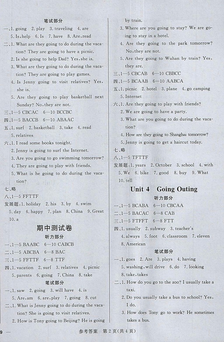 2018年香山狀元坊全程突破導(dǎo)練測五年級英語下冊參考答案