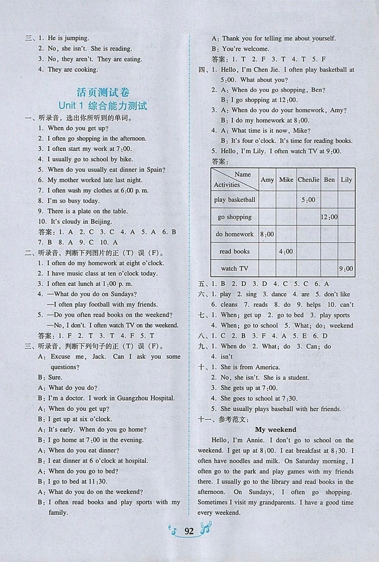 2018年人教PEP版百年學(xué)典課時(shí)學(xué)練測五年級英語下冊參考答案
