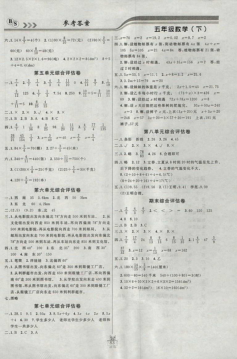 2018年北師大版狀元陪練課時(shí)優(yōu)化設(shè)計(jì)五年級數(shù)學(xué)下冊參考答案