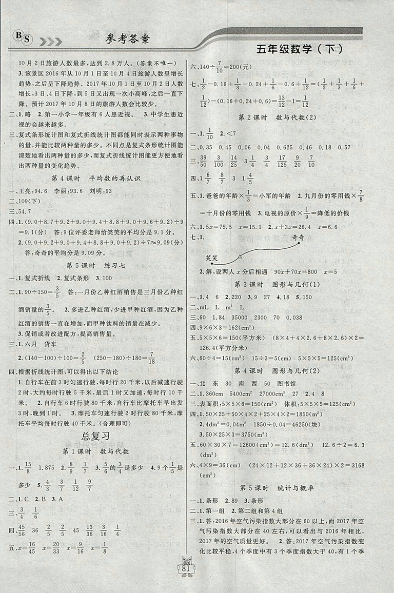 2018年北師大版狀元陪練課時(shí)優(yōu)化設(shè)計(jì)五年級數(shù)學(xué)下冊參考答案