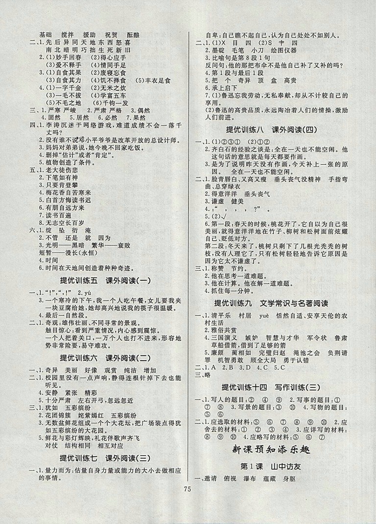 2018年人教版高效A計(jì)劃期末暑假銜接五年級(jí)語(yǔ)文參考答案