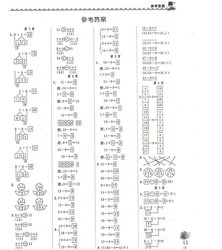 2018年人教版黃岡小狀元同步計(jì)算天天練一年級(jí)下冊參考答案