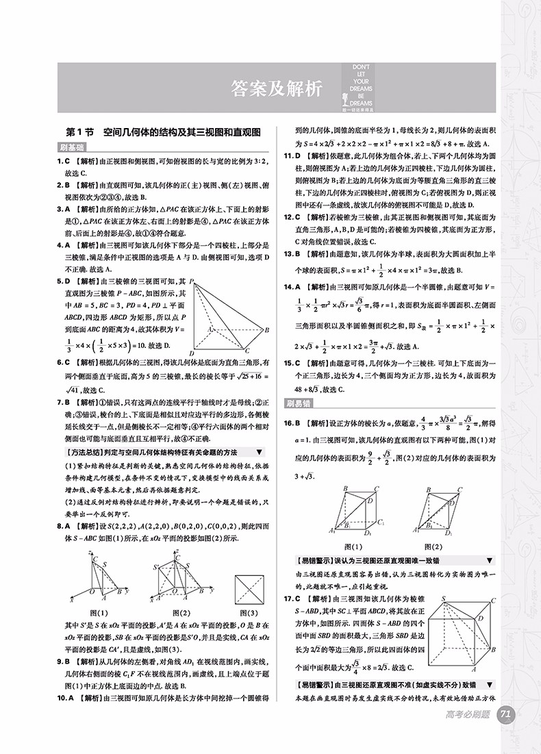 2018版高考必刷題數(shù)學4立體幾何專項訓練參考答案