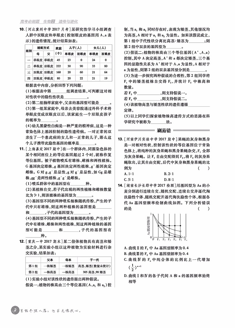 2019高考必刷題生物2遺傳與進(jìn)化必修2參考答案