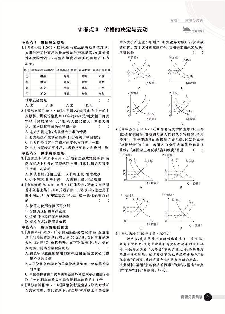 2019高考必刷題政治真題分類訓(xùn)練參考答案