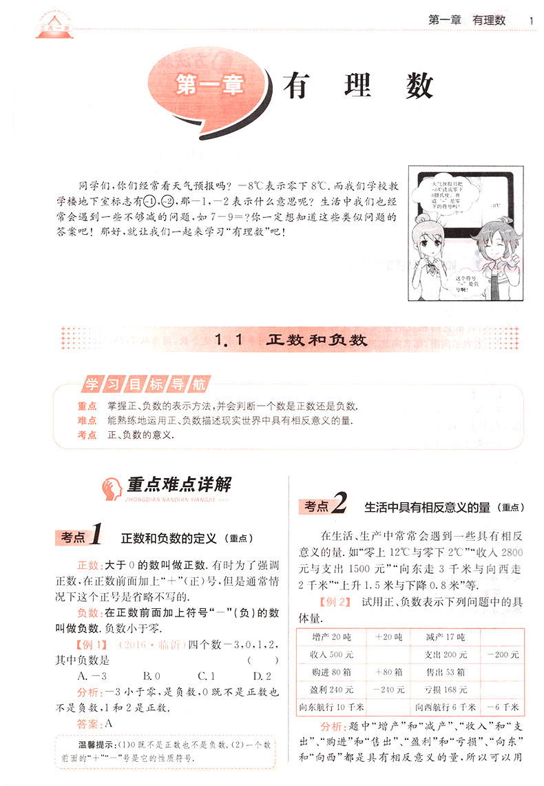 2019年人教版三點一測優(yōu)等生專用七年級數(shù)學(xué)上冊參考答案
