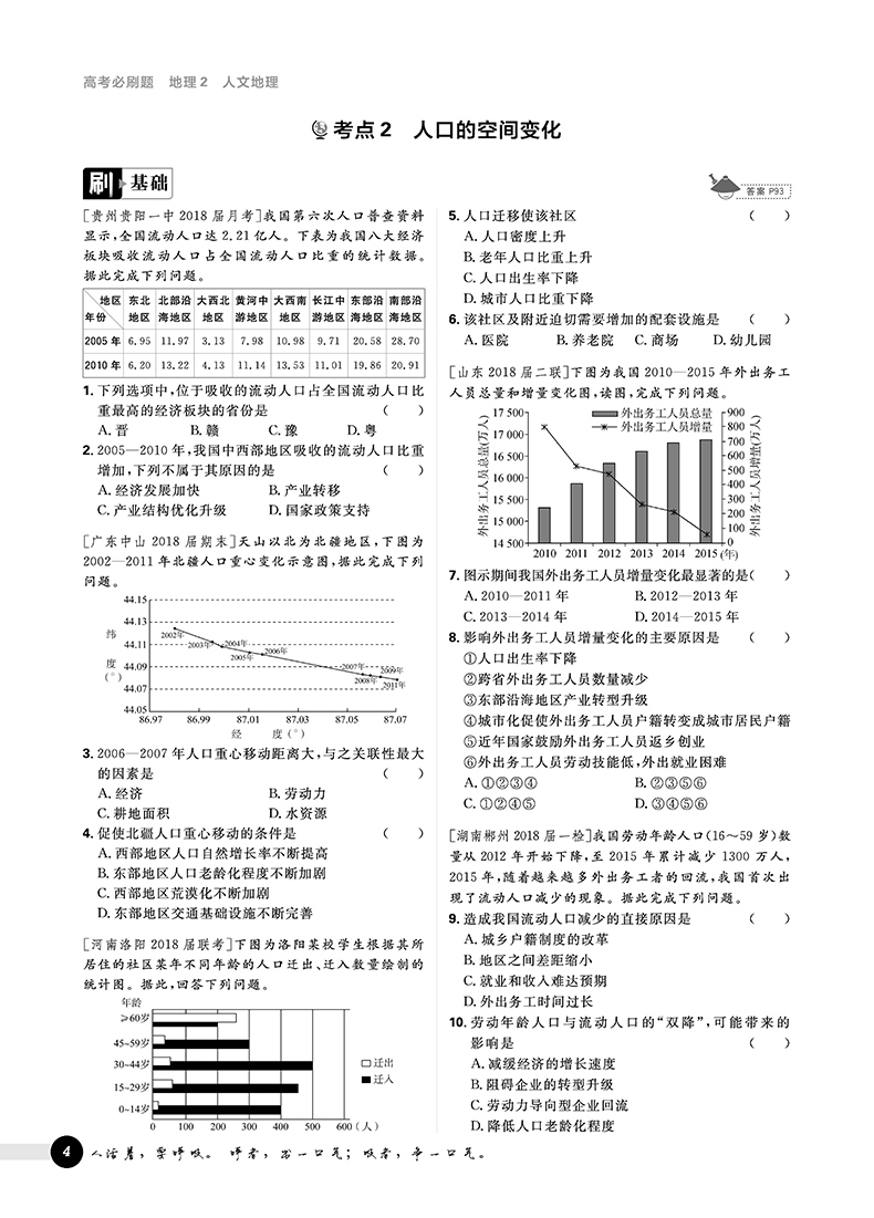 2019高考必刷題地理2人文地理參考答案