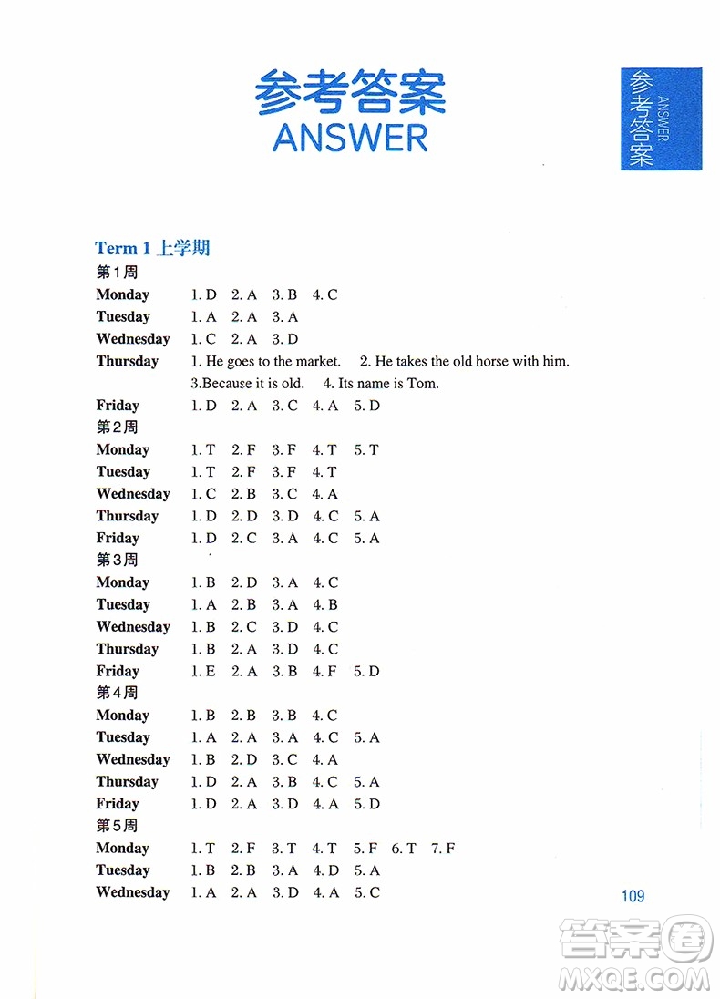 2018年周計(jì)劃小學(xué)英語閱讀強(qiáng)化訓(xùn)練第二版三年級參考答案