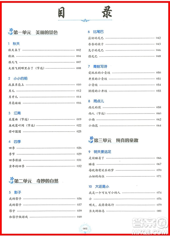 2018年人教版一年級(jí)上冊(cè)小學(xué)語文同步拓展閱讀參考答案