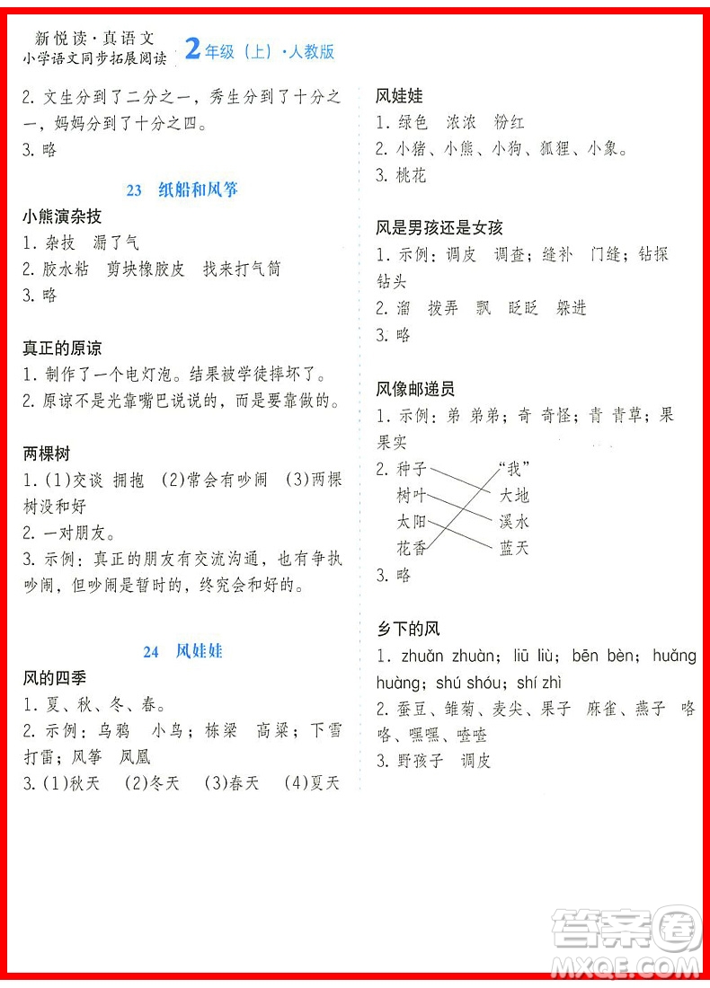 2018年小桔豆人教版小學(xué)語文同步拓展閱讀二年級(jí)上冊參考答案