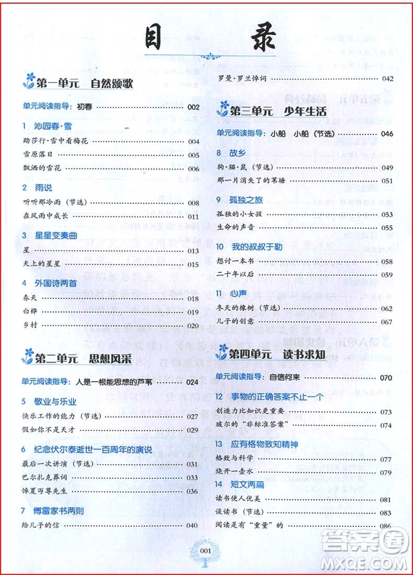 2018年人教版中學(xué)語文同步拓展閱讀九年級上冊參考答案