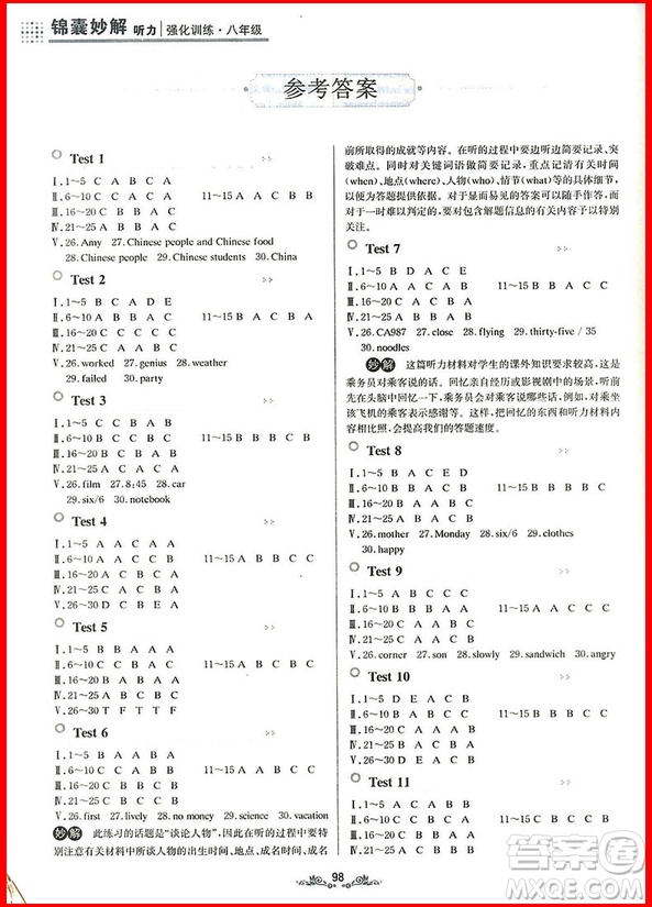 2018年八年級(jí)錦囊妙解聽(tīng)力強(qiáng)化訓(xùn)練第9版參考答案