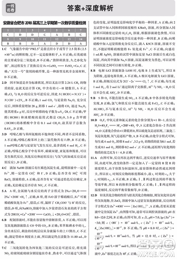 2019曲一線一線名卷全程優(yōu)選卷化學全國卷最新參考答案