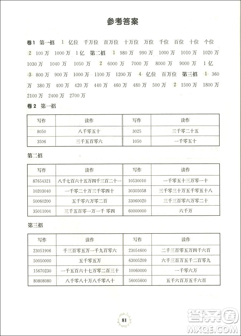 2018年四年級第一學(xué)期三招過關(guān)每日五分鐘速算參考答案