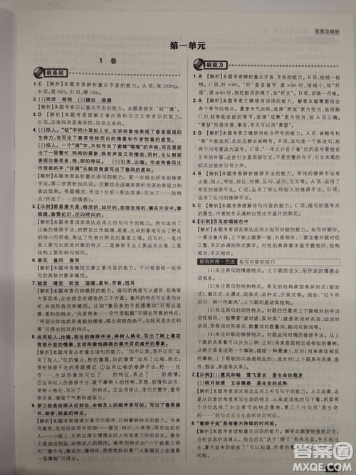 2019新版初中必刷題人教版七年級上冊語文參考答案