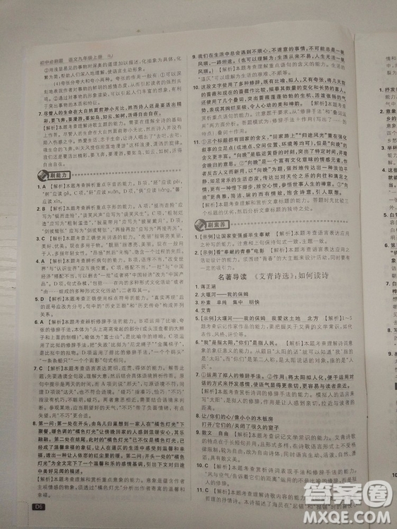2019人教版初中必刷題語文九年級(jí)上冊(cè)參考答案