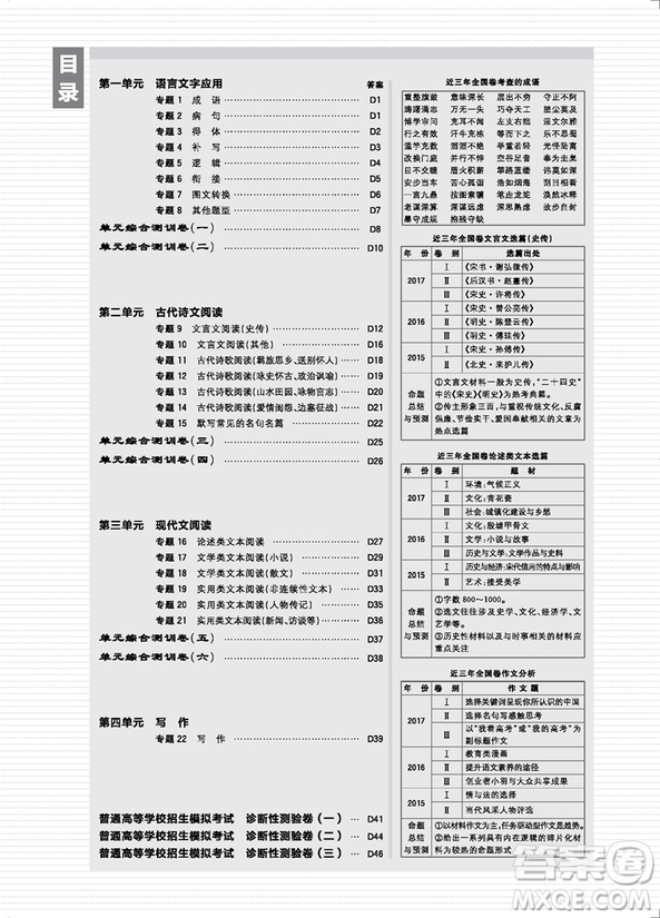 高考必刷卷單元提升卷2019最新版語文參考答案