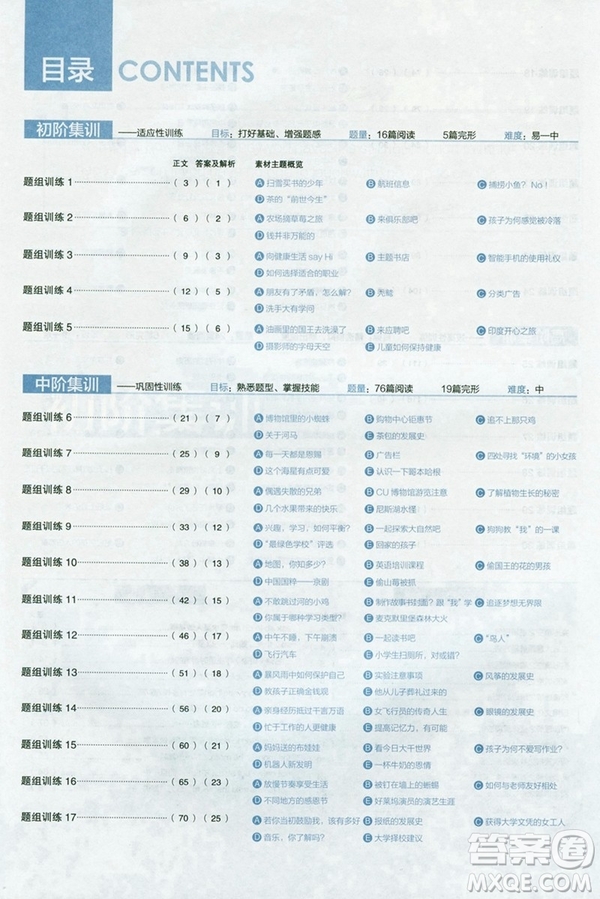 2019新版初中英語進(jìn)階集訓(xùn)九年級中考完形填空閱讀理解答案