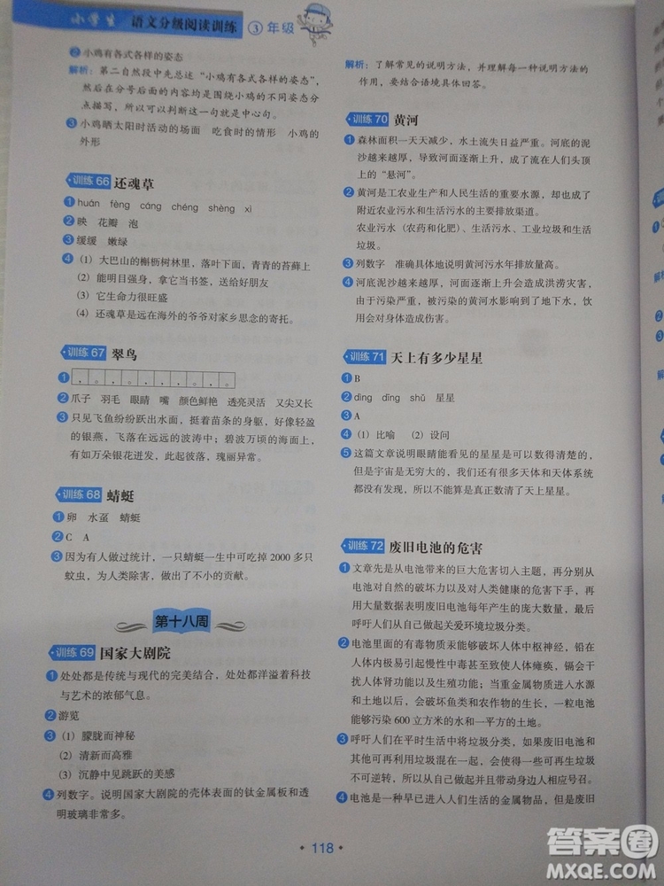 2018新版小學生語文分級閱讀訓練3年級通用版參考答案 