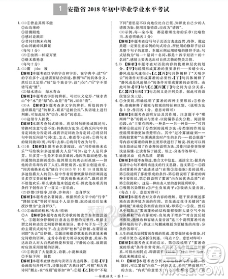 天利38套2019版中考試題精選語(yǔ)文安徽省專版參考答案