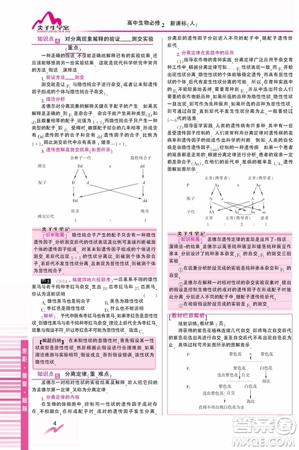 吉林人民出版社2019尖子生學(xué)案新課標(biāo)人教版生物必修2參考答案