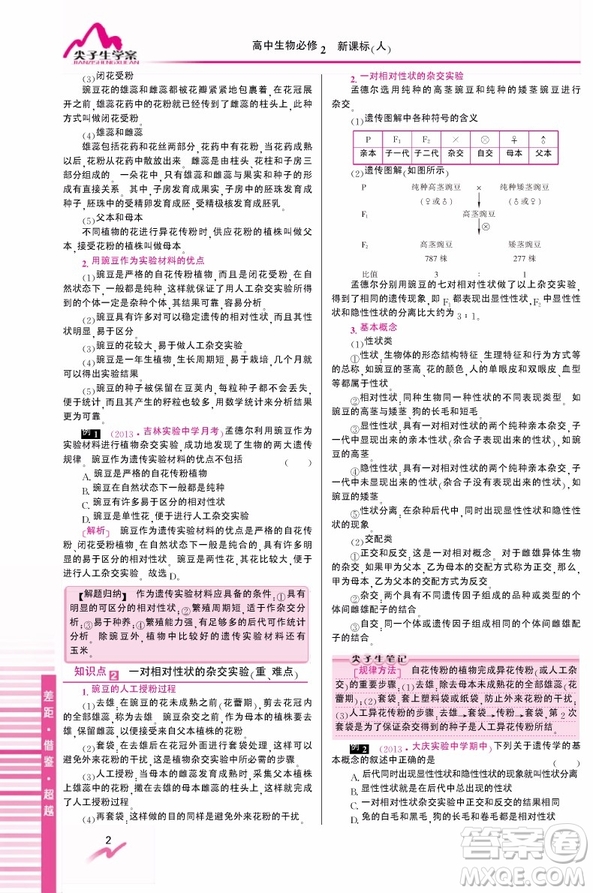 吉林人民出版社2019尖子生學(xué)案新課標(biāo)人教版生物必修2參考答案