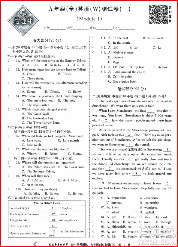 2018年孟建平初中單元測(cè)試九年級(jí)全一冊(cè)英語(yǔ)外研版參考答案