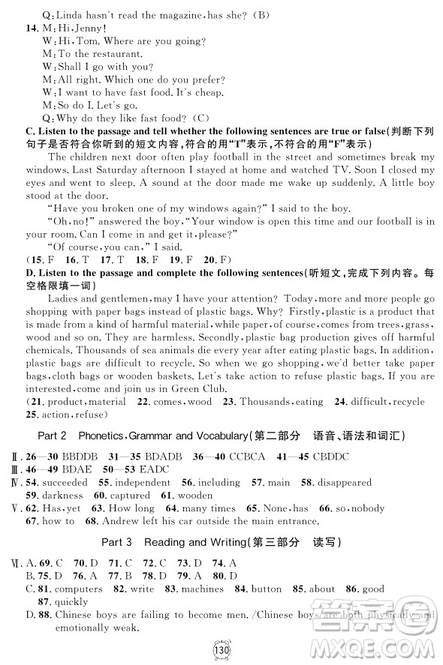 2018年鐘書金牌金試卷九年級(jí)英語(yǔ)N版參考答案