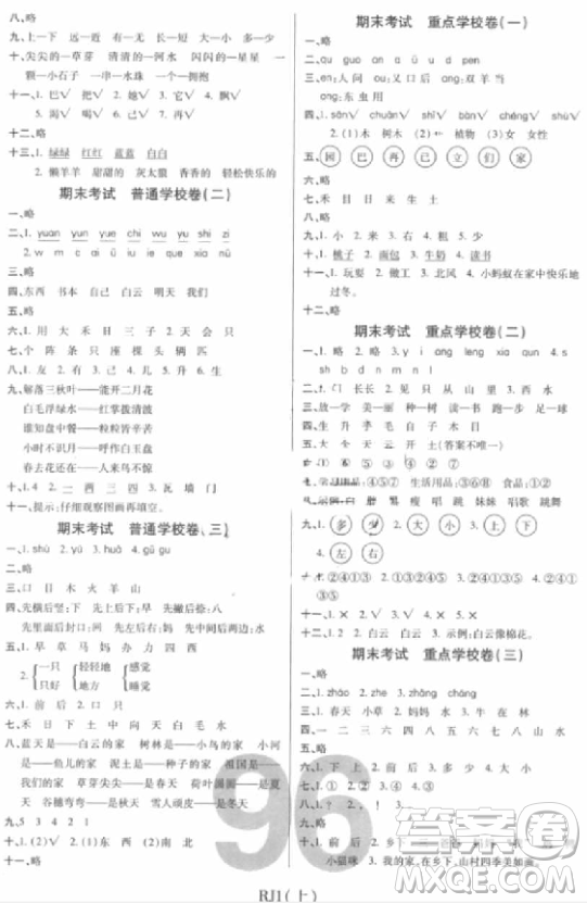 2018版期末100分沖刺卷人教版一年級(jí)上冊(cè)語文參考答案