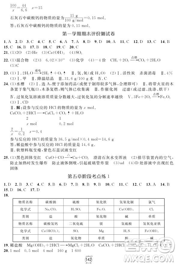 2018版鐘書金牌金試卷化學9年級上參考答案