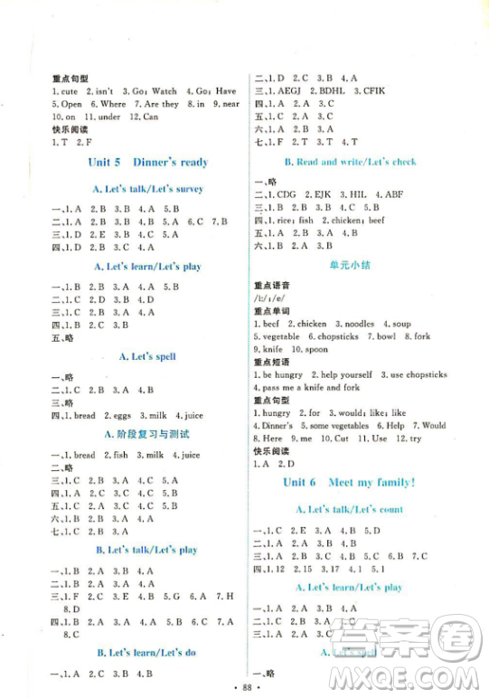 2018人教PEP版英語(yǔ)四年級(jí)上冊(cè)能力培養(yǎng)與測(cè)試參考答案