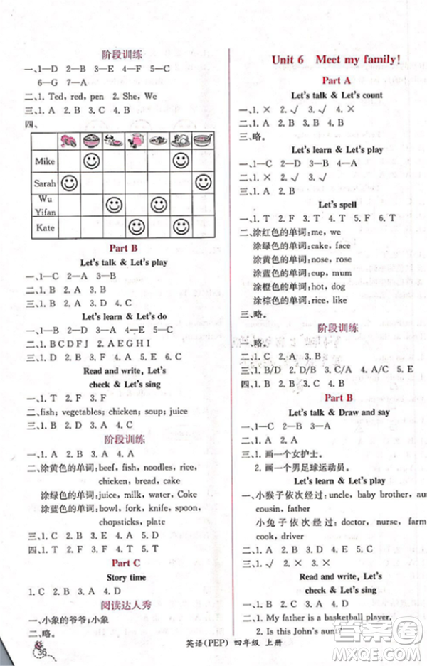 2018人教版課時練A小學英語四年級上冊同步導學案參考答案