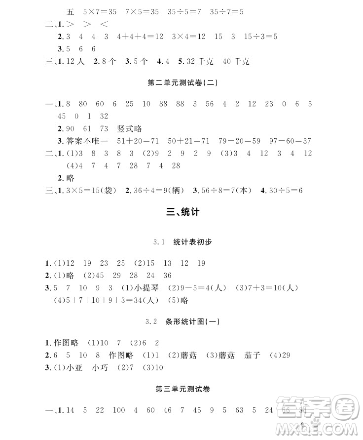 2018年二年級上冊數(shù)學上海作業(yè)參考答案