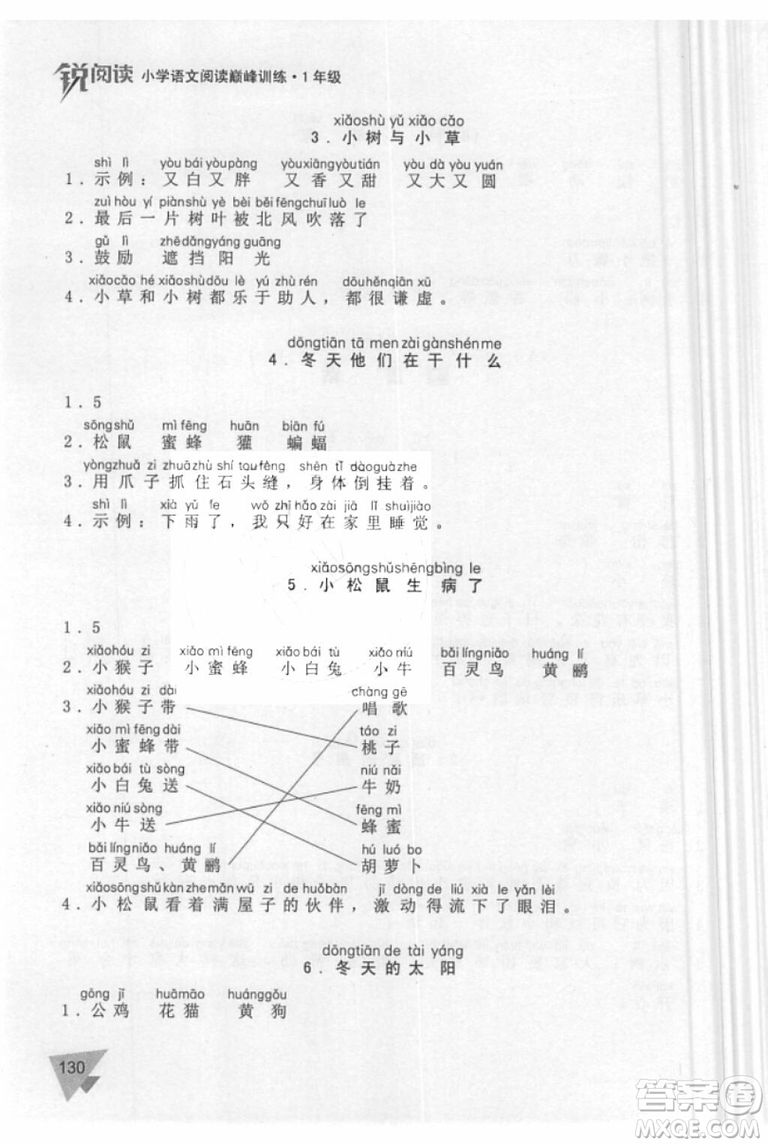 銳閱讀語(yǔ)文閱讀巔峰訓(xùn)練一年級(jí)語(yǔ)文2018年參考答案