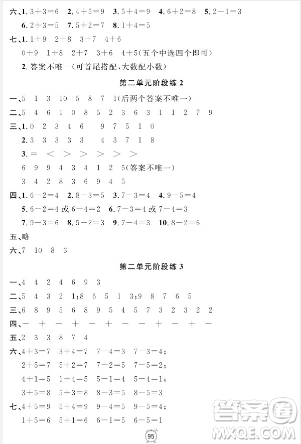 2018全新版鐘書(shū)金牌金試卷一年級(jí)上冊(cè)數(shù)學(xué)參考答案