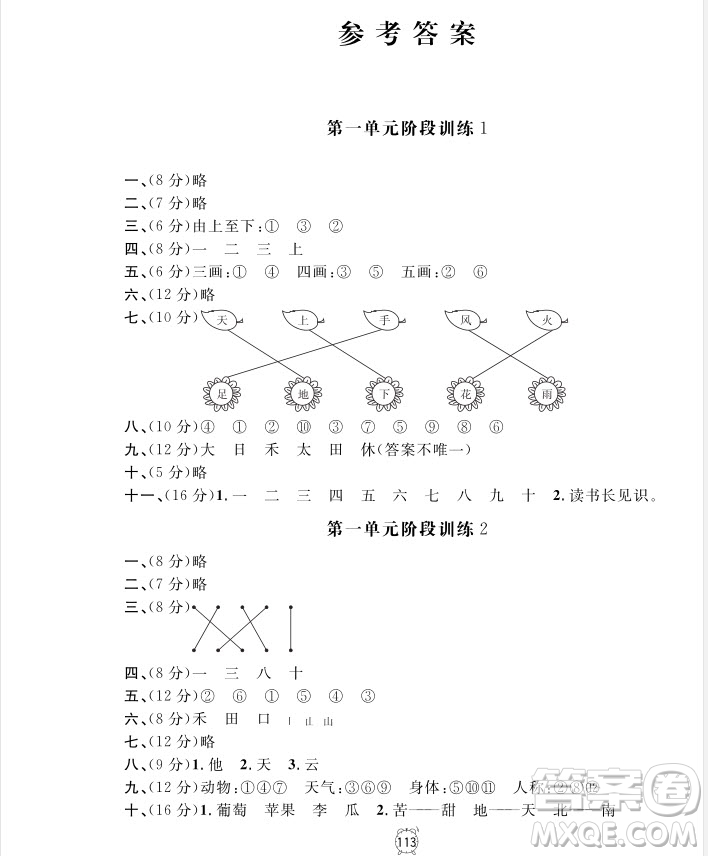 2018全新版語(yǔ)文鐘書(shū)金牌金試卷一年級(jí)上冊(cè)參考答案
