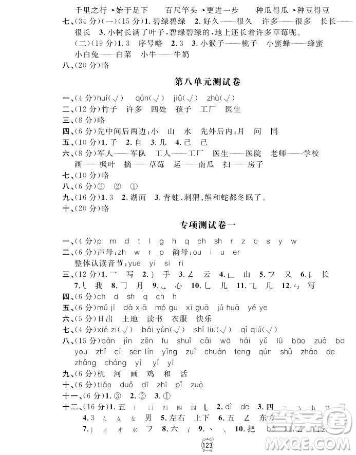 2018全新版語(yǔ)文鐘書(shū)金牌金試卷一年級(jí)上冊(cè)參考答案
