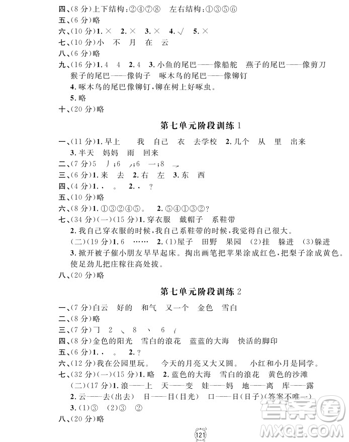 2018全新版語(yǔ)文鐘書(shū)金牌金試卷一年級(jí)上冊(cè)參考答案